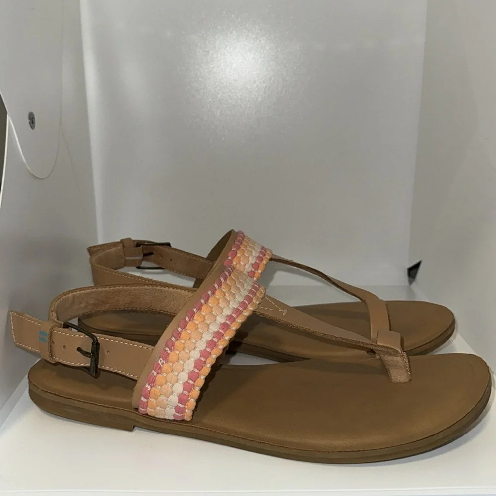 TOMS‎ Bree Leather Slingback Sandals w Ring Toe Women’s 9.5 Boho Woven Accent